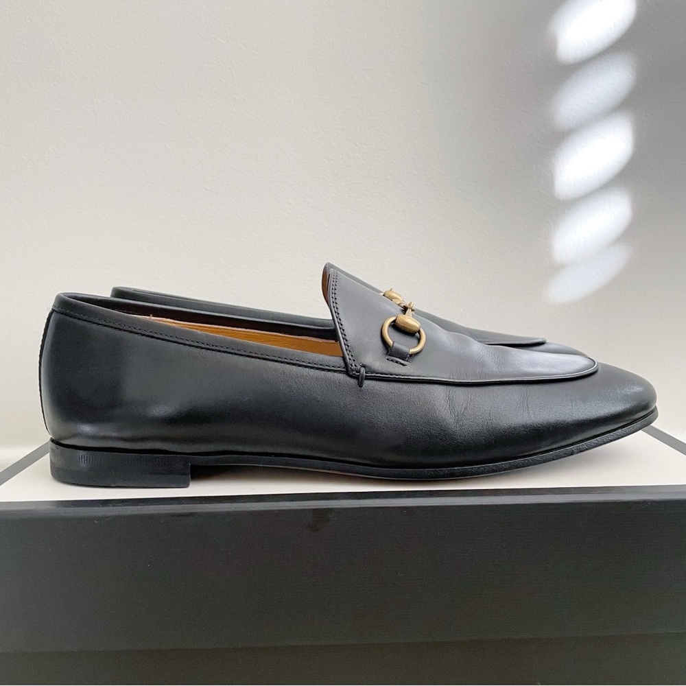 Gucci Jordaan Horsebit Leather Loafer Black Gold size 39.5 - Picture 2 of 9